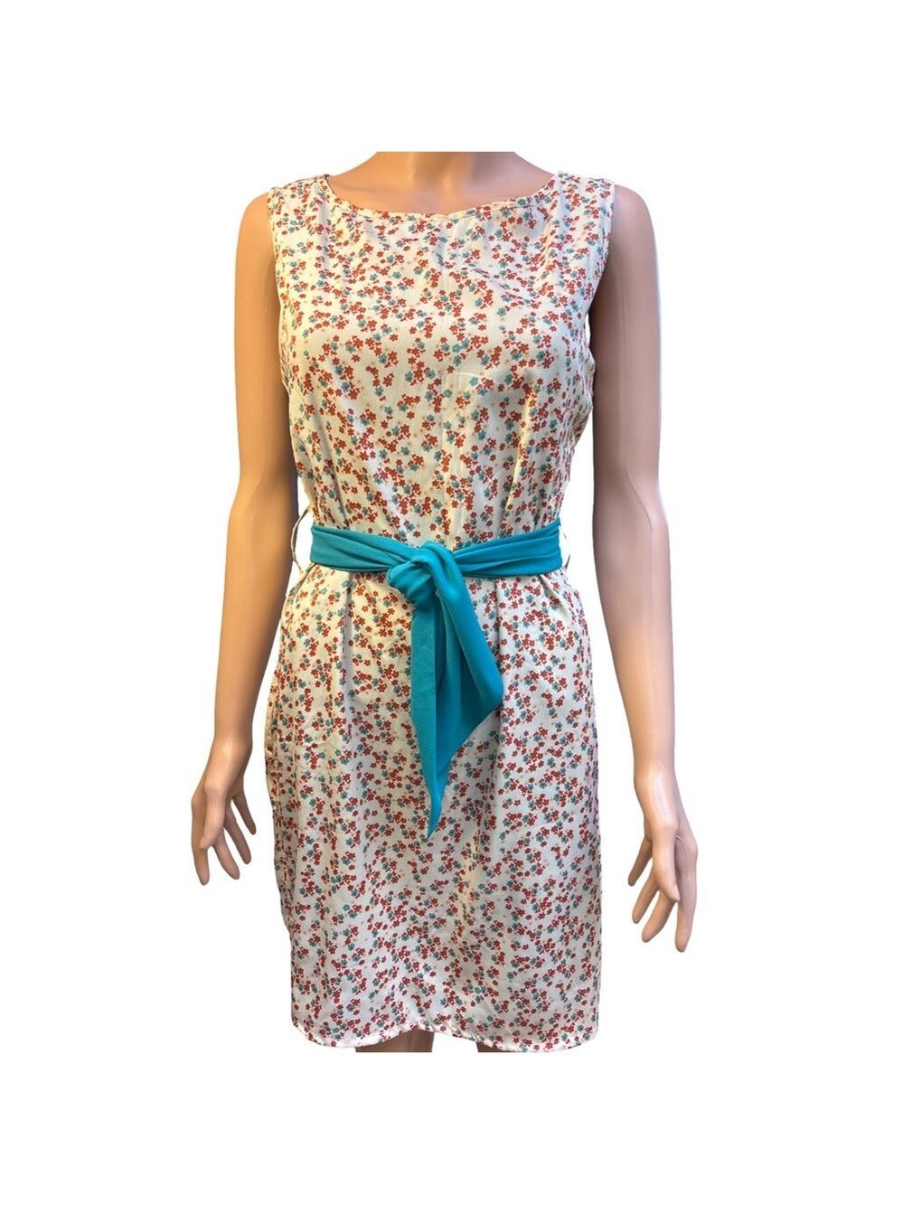 Nineteen Floral Sleeveless Dress with Teal Belt Large